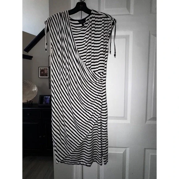 Soma Intimates Black White Stripe Wrap Dress Bamboo Spandex Knit Medium - Picture 7 of 7